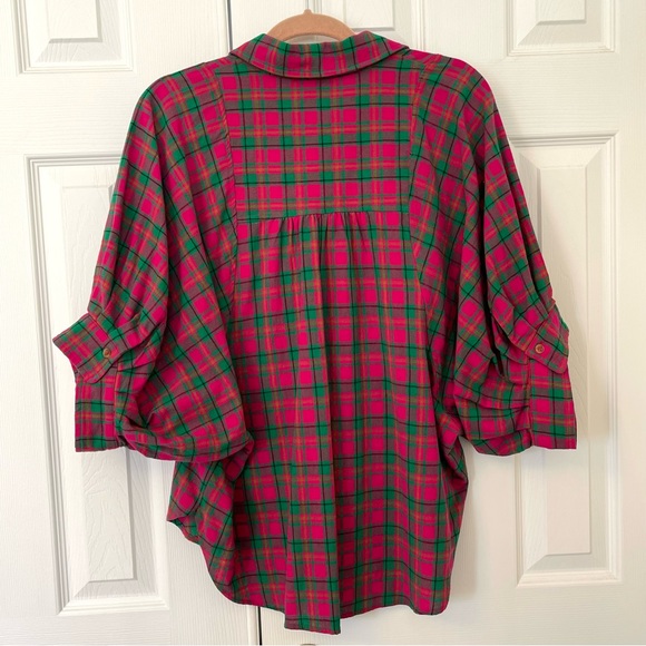 Entro Vibrant Puff Sleeve Hot Pink & Green Oversized Plaid Cotton Top - Picture 6 of 15